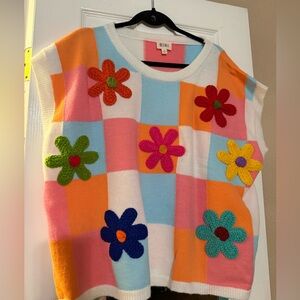 BiBi Colorful Checkered Sweater with Floral Accents
